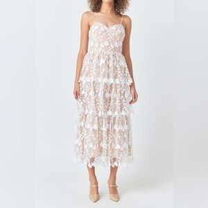 NEW Endless Rose Crochet Layered Midi Dress-Size Small-Floral-White/Blush Pink